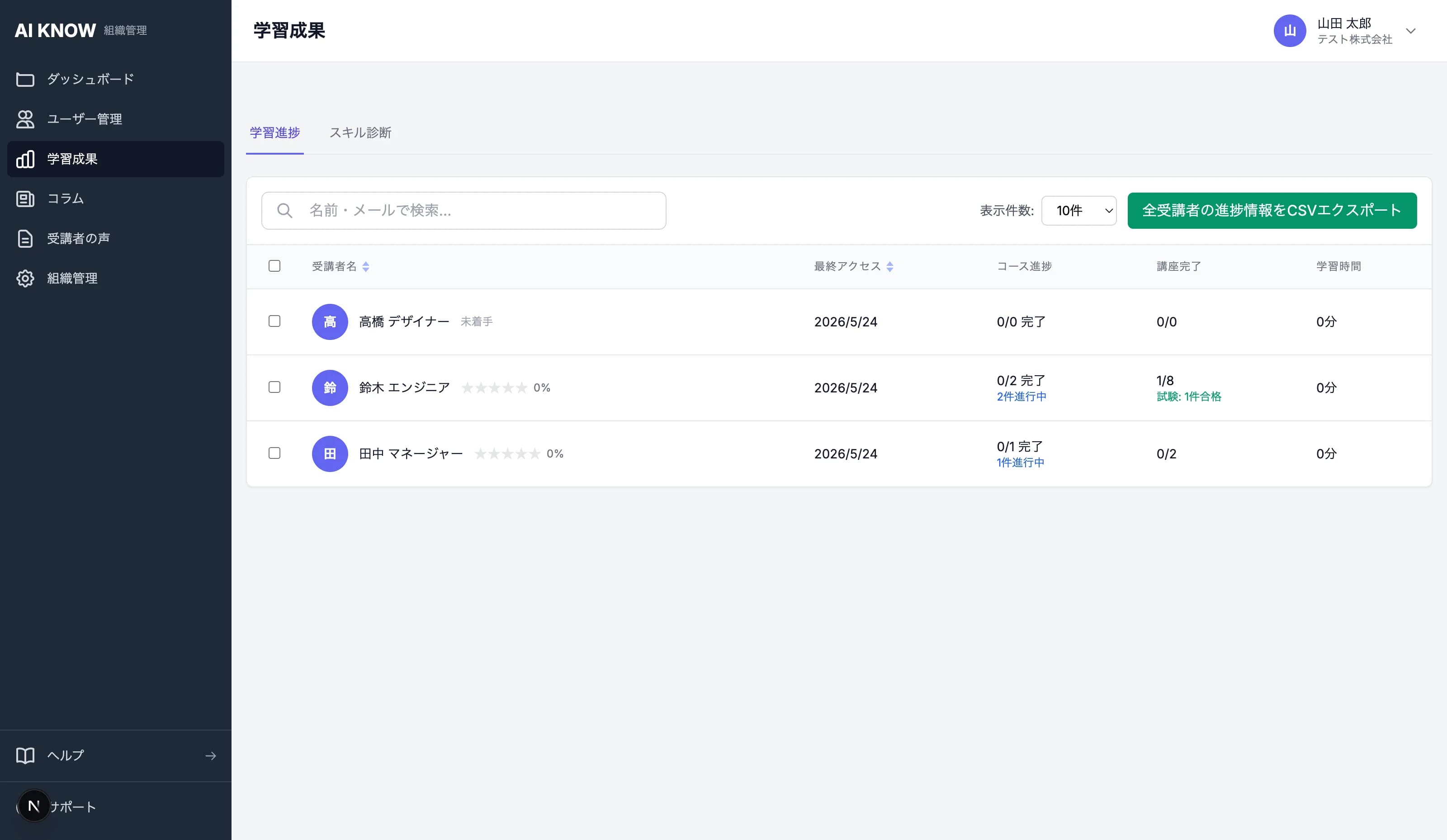 進捗管理画面：受講者ごとのコース進捗マトリクス